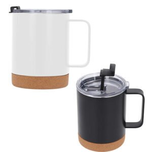 Tazas con doble pared de acero inoxidable, base de corcho y tapa de cierre a presión.
