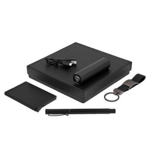 kit de set ejecutivo personalizado con cargador portátil, tarjetero, llavero y pluma personalizados