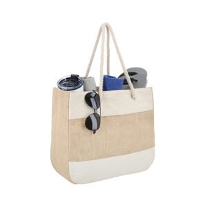 Bolsa de yute laminada, cosida y con asas de algodón.