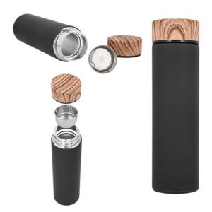 termo negro mate de acero inoxidable con tapa de madera